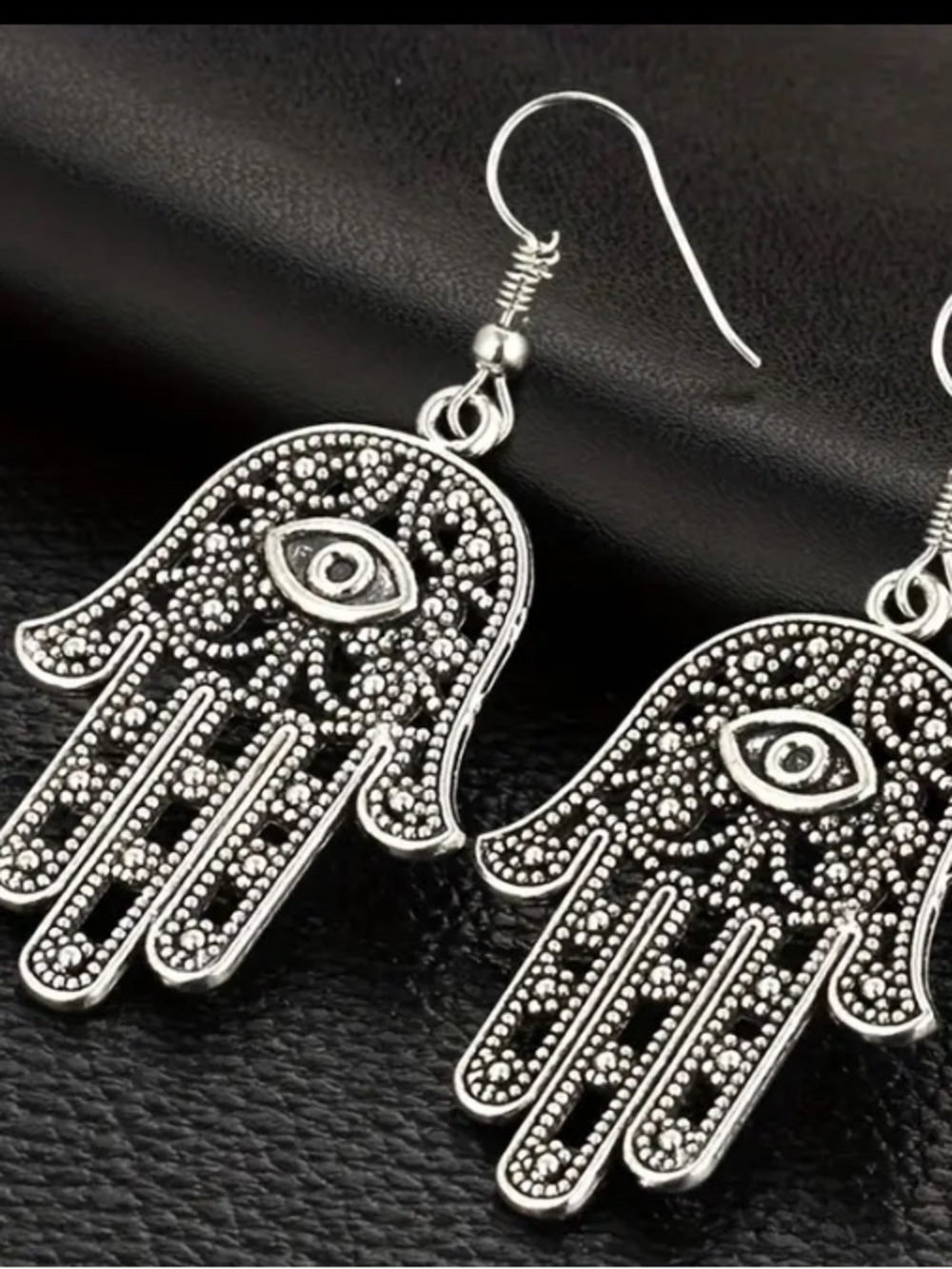 Sterling-Style Hamsa Hand Drop Earrings with Eye Motif - Silver